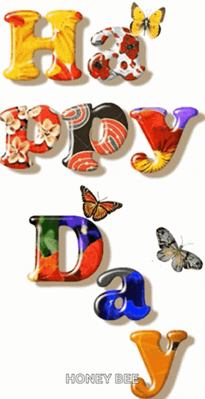 Honey Bee Saying Happy Day With Butterflies GIF