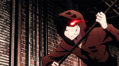 Hooded Man With Red Eyes Holding Pole GIF