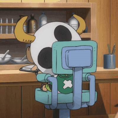 Horned Cartoon Character Sitting In Blue Chair GIF