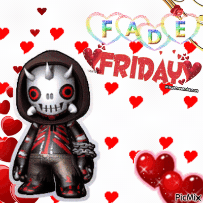 Horned Cartoon In Hood Surrounded By Hearts Fade Friday GIF