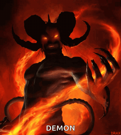 Horned Demon Surrounded By Flames With Text Demon GIF