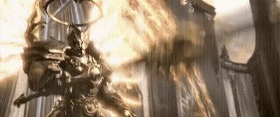 Horned Man Statue With Sword In Front Of Building GIF
