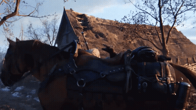 Horse With Saddle In Front Of Building GIF