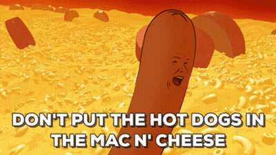 Hot Dog Face Surrounded By Macaroni Cheese GIF