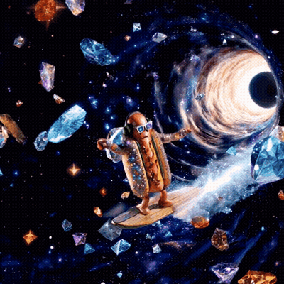 Hot Dog Wearing Headphones Riding Surfboard Through Space GIF