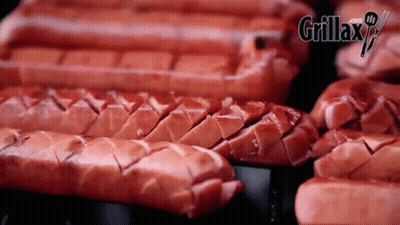 Hot Dogs Cooking On Grill With Grillax Logo GIF