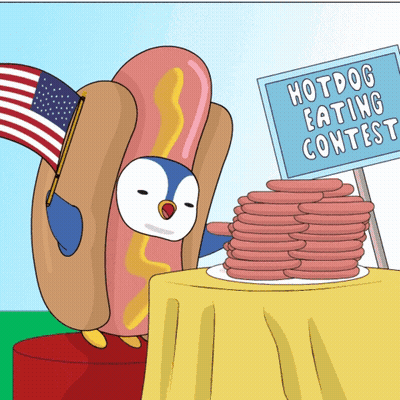 Hotdog Eating Contest Penguin Holding American Flag GIF