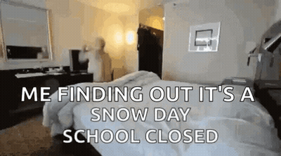 Hotel Room With Bed And Sign Saying Snow Day School Closed GIF