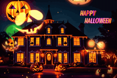 House Decorated With Pumpkins Happy Halloween GIF