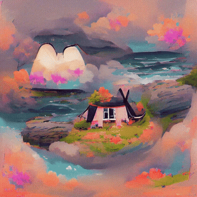 House In Landscape Painting GIF