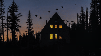 House In The Woods With Full Moon Saying Good Night GIF