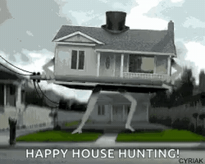 House On Stilts With Top Hat Saying Happy House Hunting GIF