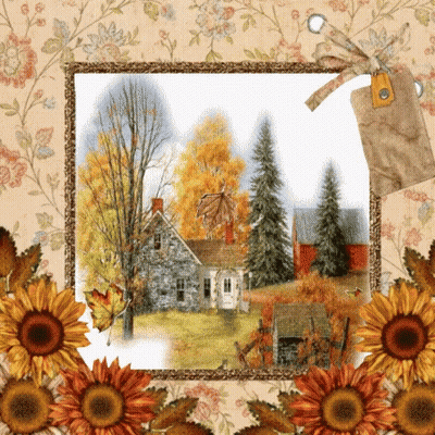 House Surrounded By Trees And Sunflowers In Frame GIF