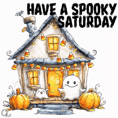 House With Ghosts And Pumpkins Have A Spooky Saturday GIF