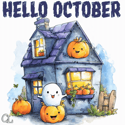 House With Pumpkins And Ghost Saying Hello October GIF