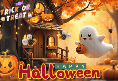 House With Pumpkins And Ghost Saying Trick Or Treat GIF
