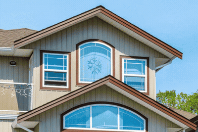 House With Stained Glass Snowflake Window GIF
