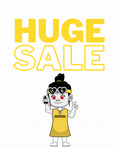 Huge Sale Sign With Cartoon Girl Holding Cell Phone GIF