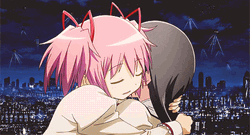 Hugging Madoka Kaname Homura Akemi  GIF