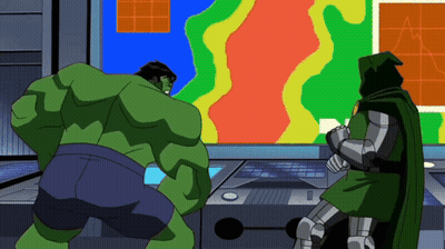 Hulk And Doctor Doom Standing In Front Of Computer Screen GIF
