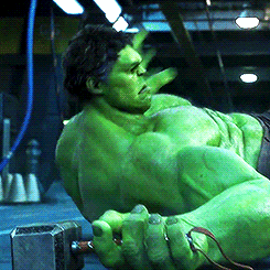 Hulk Attempts To Lift Thor's Hammer GIF