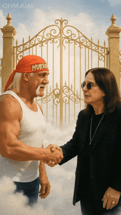 Hulk Hogan And Ozzy Osbourne Shake Hands In Front Of A Heaven Gate GIF