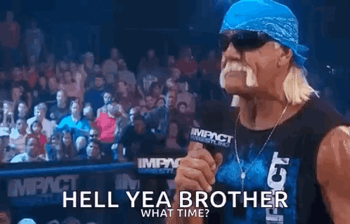 Hulk Hogan Is Holding A Microphone In Front Of A Crowd And Talking Into It . GIF