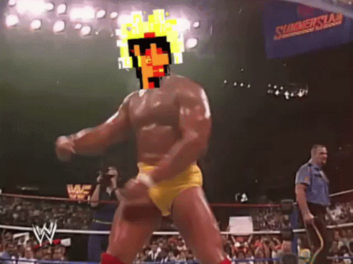Hulk Hogan Is Standing In A Wrestling Ring With A Video Game Character On His Head GIF