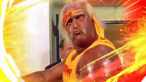 Hulk Hogan Is Wearing A Yellow Tank Top And A Bandana With The Word Storm On It GIF