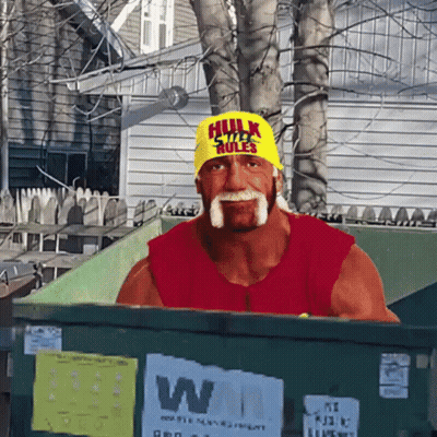 Hulk Hogan Sitting In Dumpster Wearing Yellow Hat Saying Hulk Rules GIF
