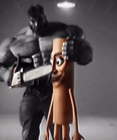 Hulk Holding Chainsaw Beside Cartoon Sausage GIF