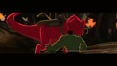 Hulk Standing Next To Red Dinosaur GIF