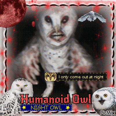 Humanoid Owl With Two Owls GIF