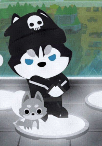 Husky In Black Hat With Skull Next To Smaller Husky GIF