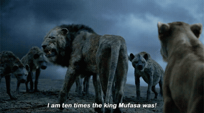 Hyenas Next To Lion Saying I Am Ten Times The King Mufasa Was GIF