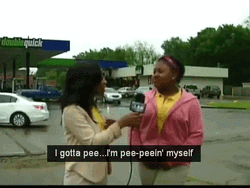 I Gotta Pee Woman Being Interviewed GIF