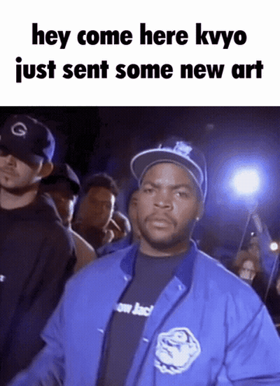 Ice Cube Is Wearing A Blue Jacket And A Black Shirt With The Words Hey Come Here Kvyo Just Sent Some New Art On The Bott GIF