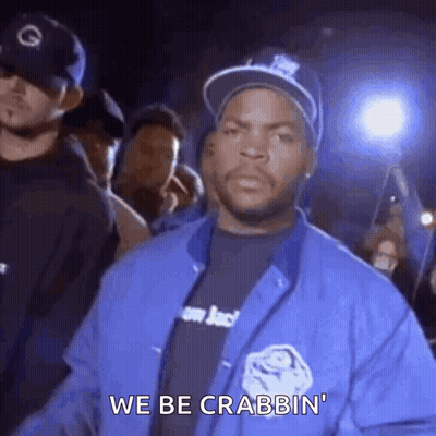 Ice Cube Is Wearing A Blue Jacket And A Hat While Standing In Front Of A Crowd Of People . GIF