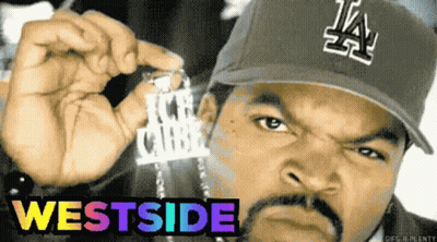 Ice Cube Is Wearing A La Dodgers Hat And Holding A Pendant That Says Westside GIF