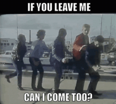 If You Leave Me Can I Come Too ? Is Written Above A Group Of People Dancing GIF