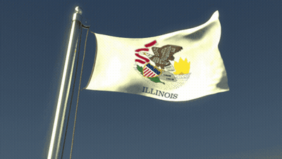 Illinois Flag Flying In Wind Against Blue Sky GIF