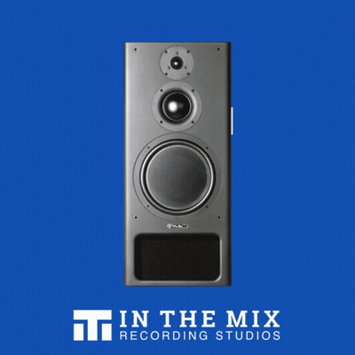 In The Mix Recording Studios Ad With Speaker On Blue Background GIF