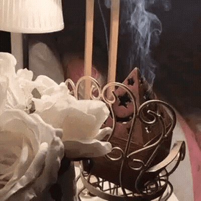 Incense Burner Smoking Beside Lamp and Flowers