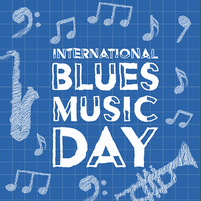 International Blues Music Day Poster With Saxophone And Music Notes GIF