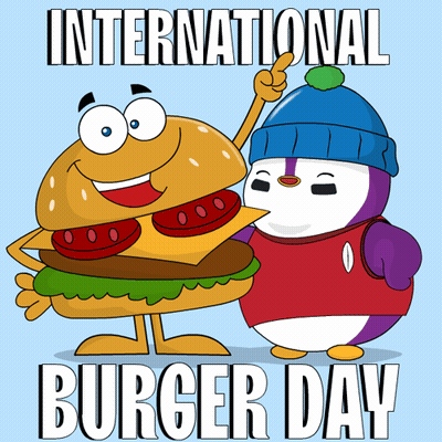 International Burger Day Poster With Cartoon Penguin And Hamburger GIF