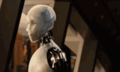 Irobot With Shaved Eyebrows Saying No GIF
