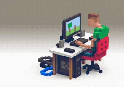 Isometric Person Sitting At Desk With Computer GIF