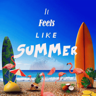 It Feels Like Summer Poster With Flamingos And Surfboards GIF