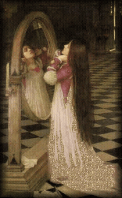 It Is A Painting Of A Woman Looking At Herself In A Mirror . GIF