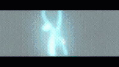 It Looks Like A Painting Of A Person Standing In A Room With Purple Lights Coming Out Of It . GIF